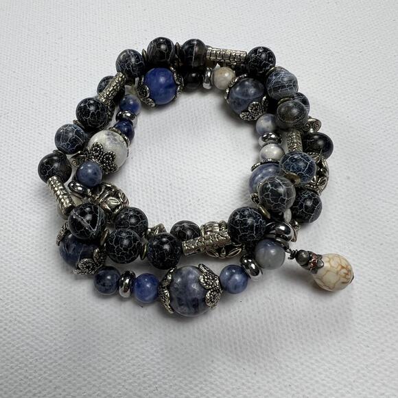 Handmade Beaded Bracelet Trio Navy Blue Silver Metal Tones - Picture 2 of 5